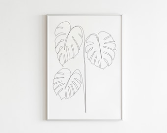 Monstera leaf line drawing print, Botanical Print, Tropical leaves minimal wall decor, Monstera one line drawing, Housewarming Gift