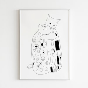Katzenkuss Line Art, Minimal Cat Zeichnung, Katzenpaar Illustration, Druckbare Kunst von Gustav Klimts Kuss