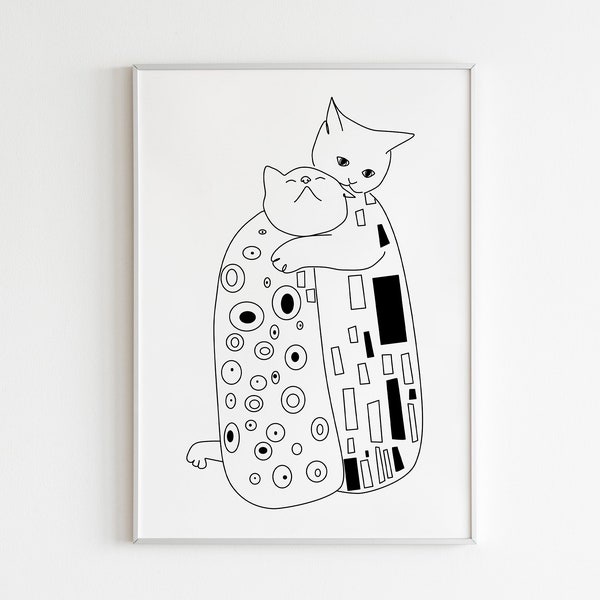 Cat Kiss Line Art, Minimal Cat Drawing, Cat Couple Illustration, Printable Art inspried by Gustav Klimt's Kiss