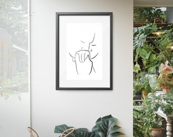Hombre besando la mano de la mujer, Arte de línea de pareja romántica, Dibujo de línea minimalista, Impresión de arte de pareja, Regalo de aniversario, imprimible
