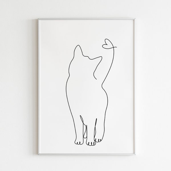 Line Art Cat Drawing, Printable Cat Drawing, Cat Illustration, Single Line Art, One Line Art, Minimalist Wall Art, Housewarming Gift