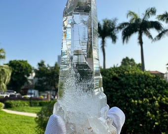 Himalayan Clear Quartz Point with Rainbow & Chlorite Self-Healed Base Natural Crystal from India High Clarity Quartz Healing Crystal-153.3g