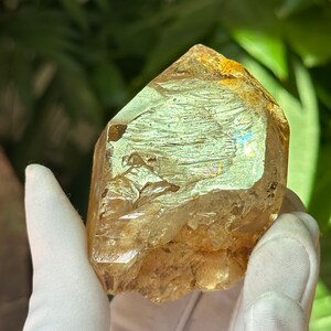 May include: A large, clear, faceted crystal with a golden hue. The crystal has a rough, natural texture and is held in a white gloved hand.