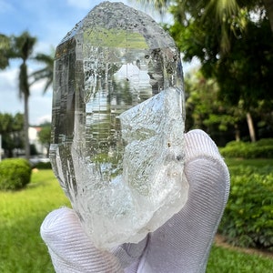May include: A large, clear quartz crystal with a pointed tip and a rough, textured surface. The crystal is held in a white glove against a green grassy background.