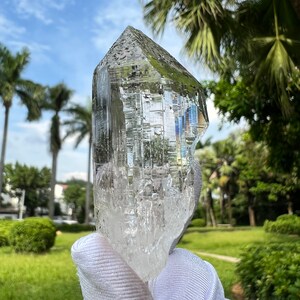 May include: A large, clear quartz crystal with a pointed tip and a rough, textured surface. The crystal is held in a white glove against a backdrop of green grass and palm trees.
