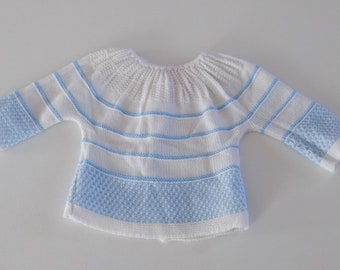 Brassière pour bébé de seconde main , vintage année 80 , coloris bleu ciel/blanc , taille 3 mois.