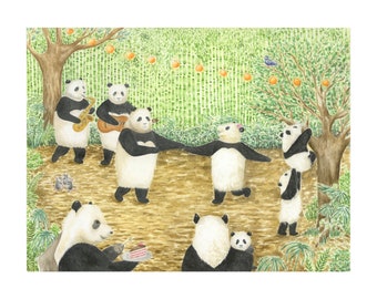 Panda Party, Aquarell Kunstdruck, DIN A3 (29,7 x 42 cm)