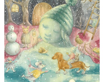 A Child's Winter Dream, Aquarell Kunstdruck, DIN A3 (29,7 x 42 cm)