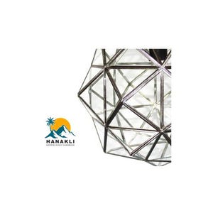 May include: A silver geometric glass lantern with a clear glass body and a silver metal frame.