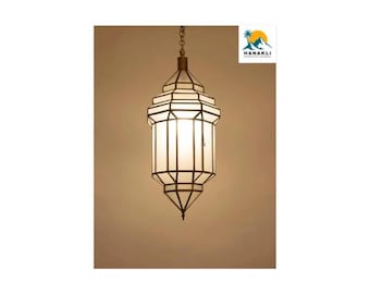Handmade Moroccan Brass Pendant Light – Milky Glass Filigree