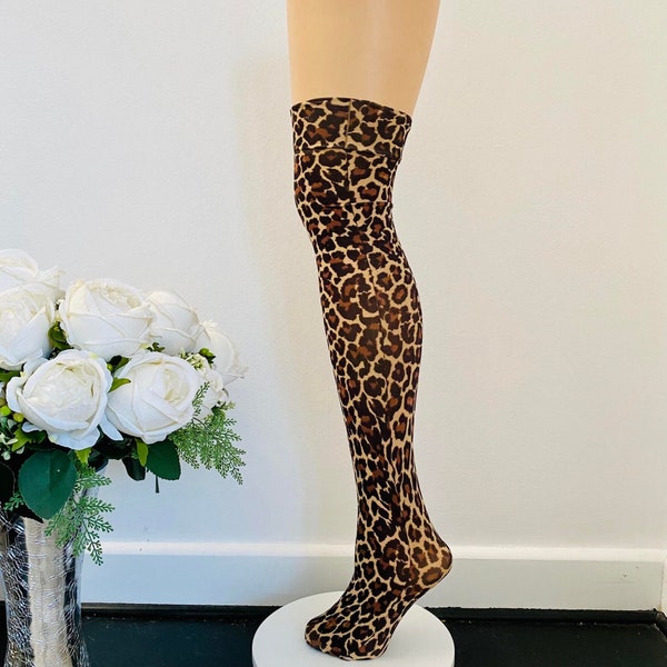 Top quality over the knee Leopard print vintage style pop art printed thigh high,nylon socks,  will fit adult shoe sizes free shipping