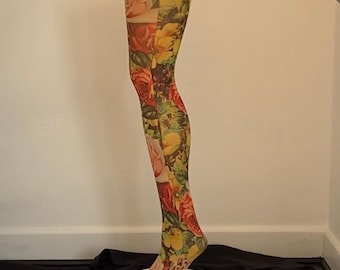 New floral patterned rose printed ladies tights great for festival wear, parties vintage boho pop art one size will fit uk 8-14