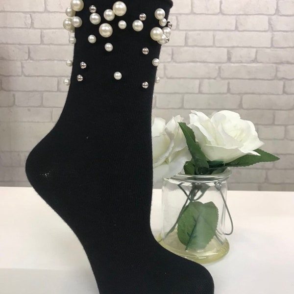 New Black girls ladies socks trainer socks with hand studded pearls