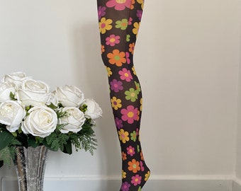 New bright colour daisy vintage swinging 60s Andy Warhol style pop art printed tights - one size will fit up to 42” hip free shipping