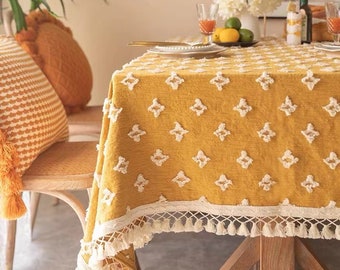 Yellow Flower Tablecloth,Floral Embroidered Tablecloth,Square Tablecloth,French Tablecloth,Rectangle Tablecloth,Dinning Tablecloth