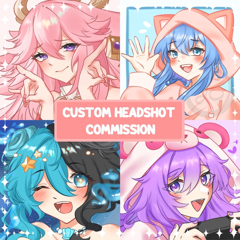 Puede incluir: Un collage de cuatro ilustraciones de retratos personalizados con personajes de estilo anime con diferentes colores y estilos de cabello. El texto "CUSTOM HEADSHOT COMMISSION" se muestra en el centro de la imagen.