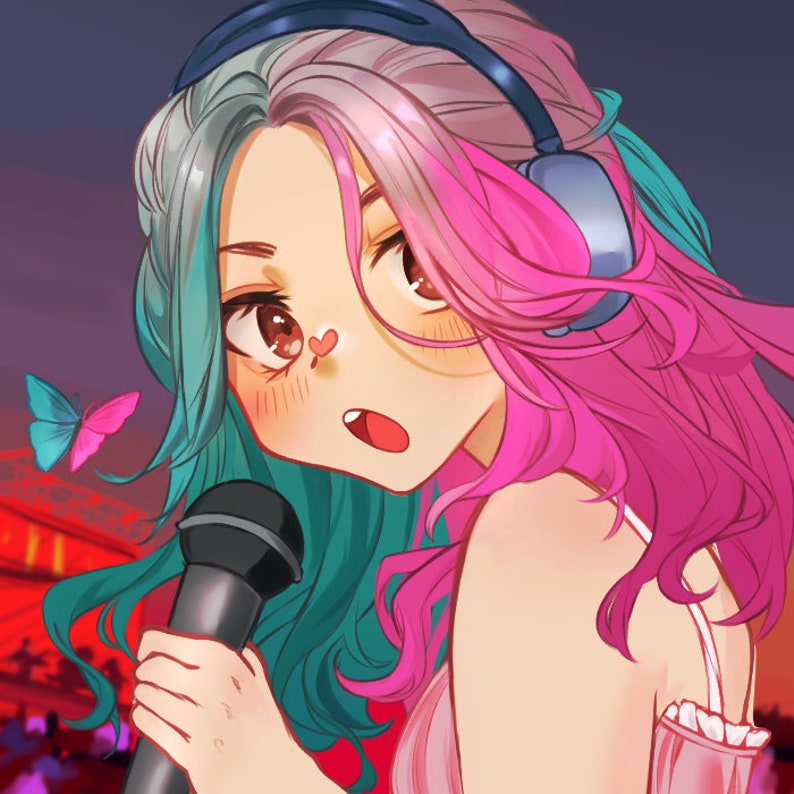 Puede incluir: Una mujer con cabello turquesa y rosa canta en un micr&oacute;fono. Lleva un top rosa sin mangas y unos auriculares azules. Una mariposa vuela en el fondo.