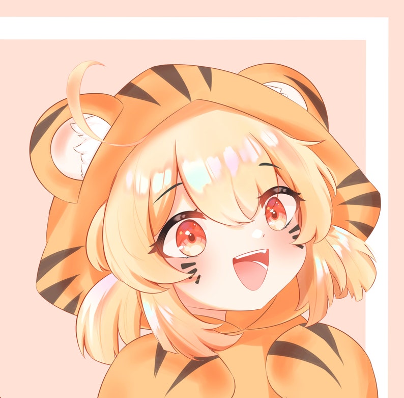 Puede incluir: Una ilustraci&oacute;n de dibujos animados de una persona con cabello largo y rubio que lleva una sudadera con capucha de color naranja brillante y rayas de tigre negras. La persona sonr&iacute;e con la boca abierta y tiene ojos rojos.
