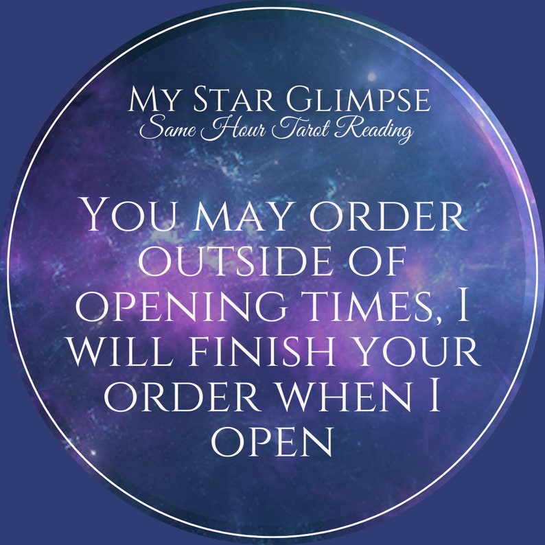 "Banner stating orders can be placed anytime and will be processed during opening hours, against a mystical purple backdrop."