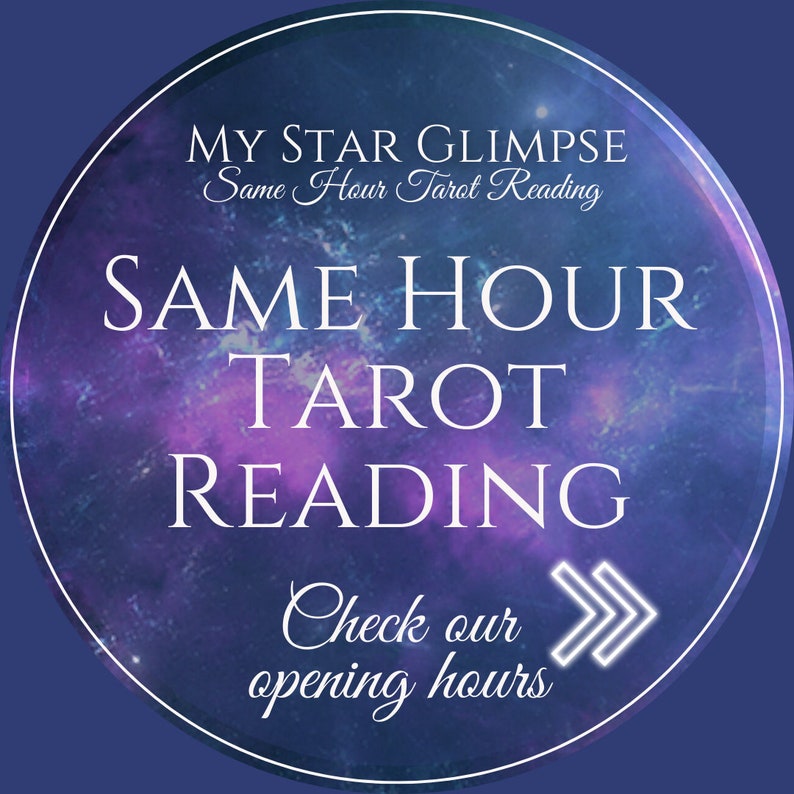 "Promotional banner 'Same Hour Tarot Reading' with a cosmic purple and blue backdrop and a symbol pointing to check opening hours."