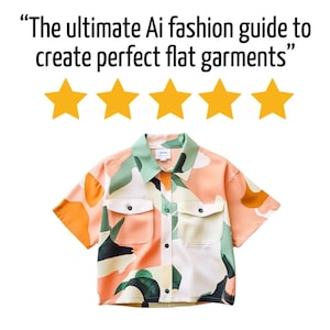 May include: A short-sleeved button-up shirt with a colourful abstract print in shades of green, orange, and white. The shirt has two patch pockets on the front and a button-up closure.