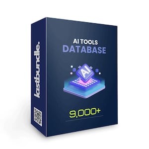 Könnte beinhalten: Eine blaue Box mit dem Text "AI TOOLS DATABASE" und einer 3D-Illustration eines Computerchips mit dem Buchstaben "AI" darauf. Die Box enthält auch den Text "9,000+" und das Wort "lastbundle" an der Seite.