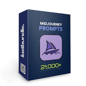 Könnte beinhalten: Eine blaue Box mit dem Text "Midjourney Prompts" und einem lilafarbenen Symbol eines Segelboots auf blauem Hintergrund. Der Text "21,000+" befindet sich unter dem Symbol. Der Text "lastbundle." befindet sich an der Seite der Box.