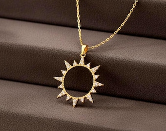 14k Gold Open Sun Necklace For Women, 18k Sunburst Charm Necklace For Gift, Dainty Sunshine 10k Gold Pendant, Celestial Gold Necklace