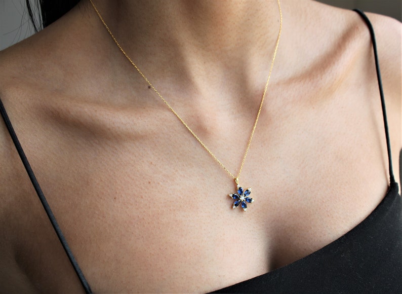 10k Gold Daisy Pendant With Sapphire & Diamond – Handmade Flower Charm, White/Yellow/Rose Gold