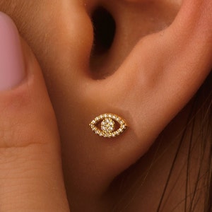14k Solid Gold Dainty Evil Eye Stud Earrings For Her, 18k Gold Minimalist Evil Eye Earrings, Tiny Protection 10k Gold Earrings For Daughter