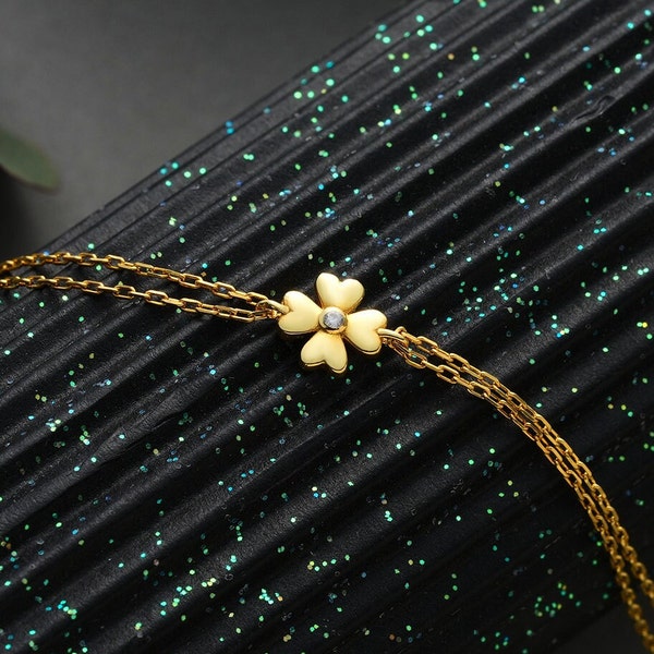 10k 14k 18k Solid Gold Clover Bracelet, Tiny Lucky Clover Charm Necklace, Minimalist Four Leaf Clover Bracelet For Gift, Dainty Gift For Her