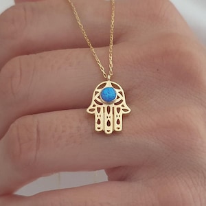 Solid Gold Blue Opal Hamsa Necklace, Fatima Hand Protection Necklace For Daughter, Good Lucky Necklace For Her, Hamsa Hand Pendant For Gift