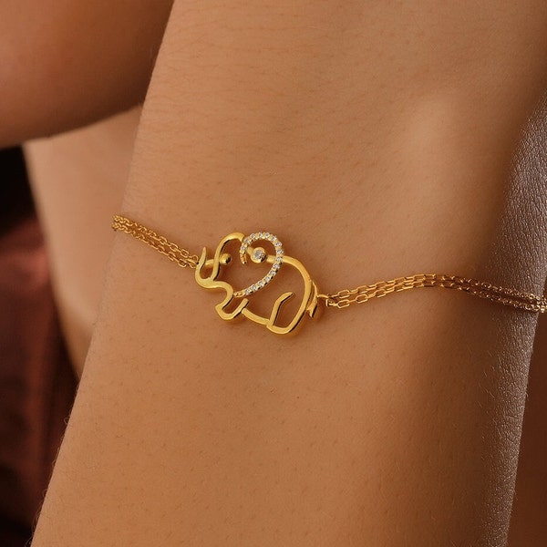 Solid Gold Dainty Elephant Bracelet, Good Luck Charm Necklace, 10k 14k 18k Gold Elephant Bracelet For Gift, Brracelet For Mother's Day Gift