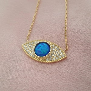 14k Solid Gold Dainty Evil Eye Necklace, 18k Gold Blue Opal Protection Charm Necklace For Women, Good Lucky 10k Pendant For Christmas Gift