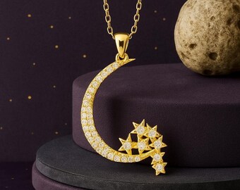 14k Solid Gold Milky Way Star Pendant, 18k Dainty Crescent Star Pendant For Women, 10k Chram Pendant for Mother&#39;s day gift, Christmas Gift