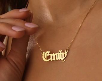 Solid Gold Custom Old English Name Necklace, Personalized Gothic Nameplate Necklace For Her, Customized Name Necklace For Birthday Gift