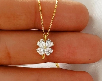 14k solidem Gold vier Blatt Klee Anhänger, 18k Gold elegante Zirkonia Stein Charme Halskette für Frauen, 10k Glück Anhänger für Tochter