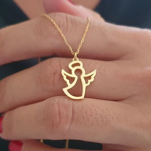 14k Solid Gold Guardian Angel Necklace, 18k Prawdziwe Gold Dainty Protection Charm Necklace dla córki, Good Lucky 10k Pendant na prezent urodzinowy