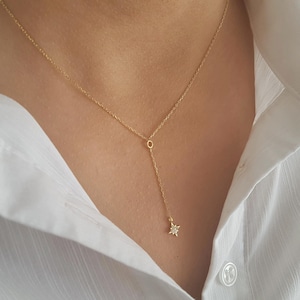 14K ソリッド ゴールド ノース スター ネックレス、女性用 18K ゴールド ポール スター ネックレス、ギフト用小さなポラリス 10K ゴールド ペンダント、上品な天体ジュエリー