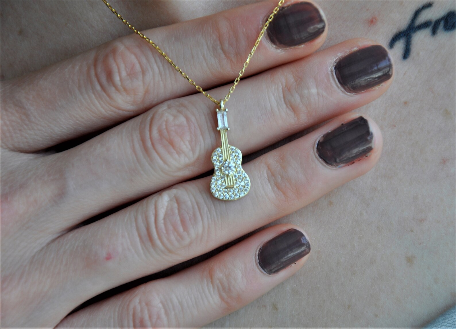 10K 14K 18K Solid Gold Guitar Necklace Stone Guitar Pendant Etsy