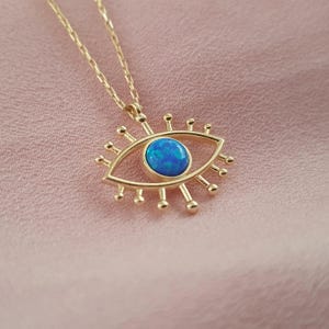 14k Solid Gold Dainty Blue Opal Evil Eye Necklace, 18k Gold Tiny Opal Gemstone Charm Necklace, Evil Eye Protection 10k Gold Pendant For Gift