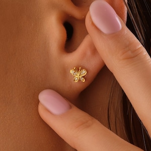 14k Solid Gold Minimalist Butterfly Earrings For Her, 18k Butterfly Pair of Studs Earrings For Mom, Dainty Animal 10k Gold Earrings For Gift
