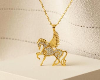 14k Solid Gold Elegant Pegasus Necklace For Mom, 18k Winged Horse Pendant For Women, Greek Mythology 10k Charm Necklace For Christmas Gift.