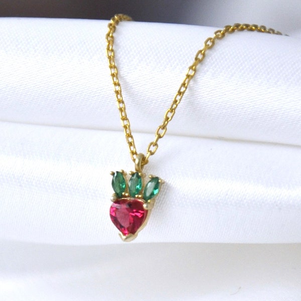 10K 14K 18K Strawberry Necklace, Garnet and Emerald Stone Necklace, Handmade Pendant, Christmas Gift, Valentine's Day Gift,Mother's Day Gift