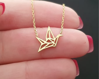 10k 14k 18k Solid Gold Minimalist Bird Necklace, Origami Crane Charm Necklace For Birthday Gift,Dainty Crane Origami Pendant For Mothers Day