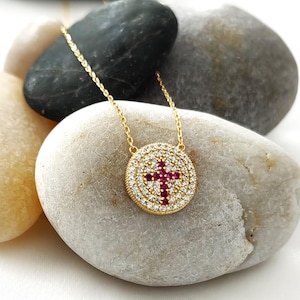 14k Pure Gold Zirconia Stone Ruby Cross Pendant, 18k Gold Ruby Stone Religious Jewelry for Women, 10k Gold Medallion Cross Charm Necklace.