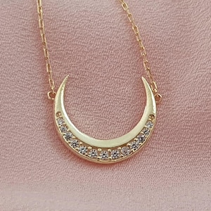 14k Solid Gold Crescent Necklace, 18k Gold Dainty Moon Charm Necklace, Crescent 10k Pendant For Birthday Gift, Celestial Jewelry For Women