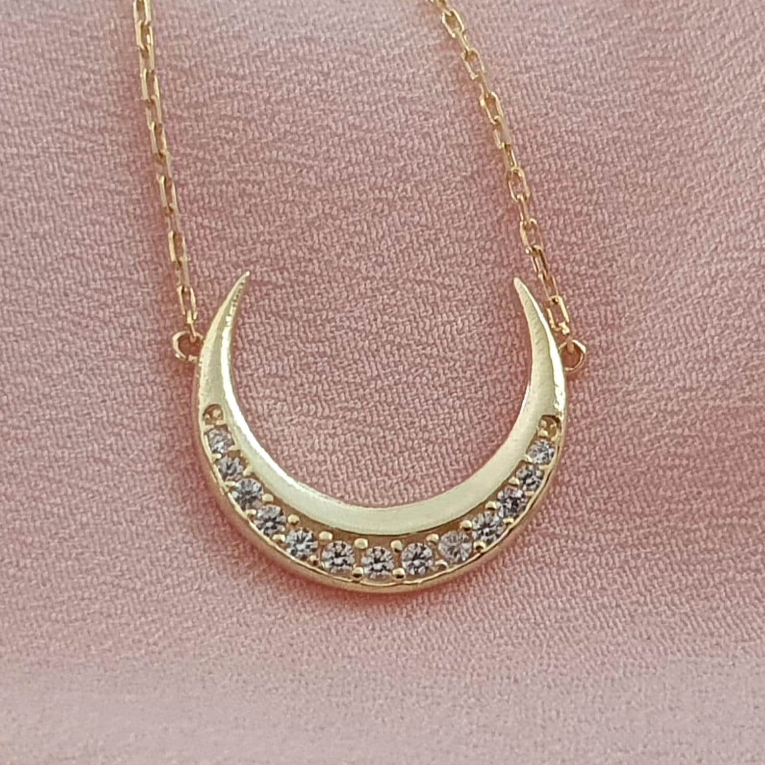 14k Solid Gold Crescent Necklace, 18k Gold Dainty Moon Charm Necklace, Crescent 10k Pendant For Birthday Gift, Celestial Jewelry For Women