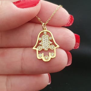 10k 14k 18k Solid Gold Hamsa Naszyjnik, Fatima Hand Protection Naszyjnik Dla Córki, Good Lucky Naszyjnik Dla Niej, Hamsa Hand Pendant Na Prezent