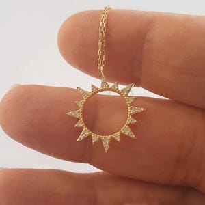 14k Solid Gold Open Sun Necklace For Women, 18k Sunburst Charm Necklace For Gift, Dainty Sunshine 10k Gold Pendant, Celestial Gold Necklace